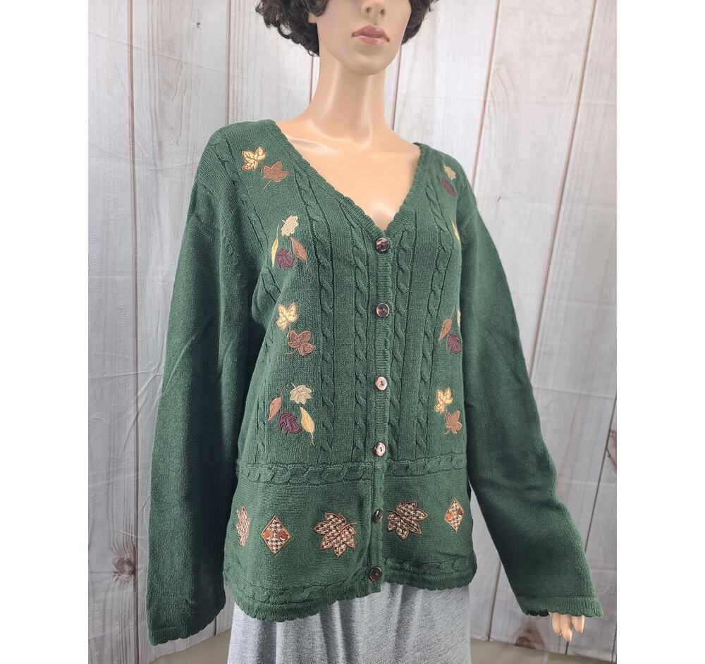 BonWorth Women PXL Forest Green Fall Leaf Patchwork Cardigan Sweater Button Up
